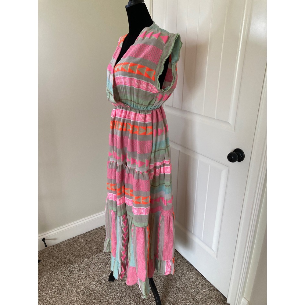 Sofia‎ Collections Italy Neon Geometric Tribal Print Cotton Tiered Maxi Dress S - Picture 3 of 7